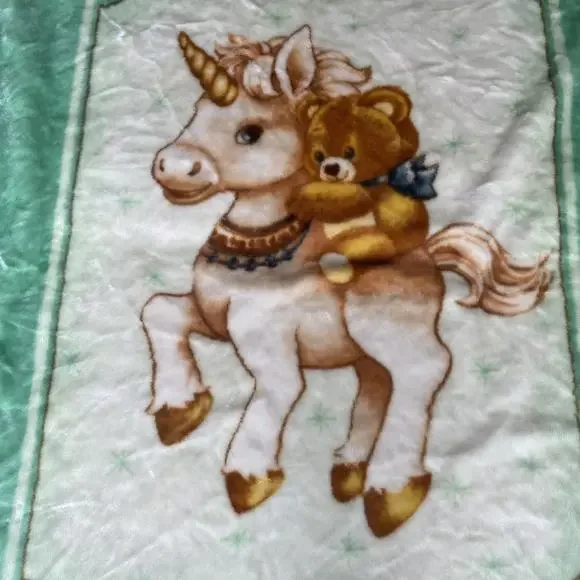 Vintage Baby Mink Blanket Unicorn Bear Green Soft Throw x 44